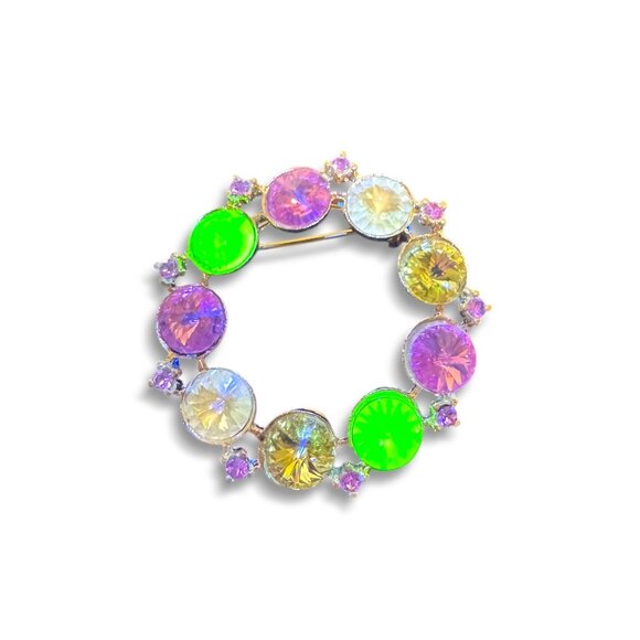 Alex & Ani Colorful Gold-Tone Circle Rhinestone Brooch Signed Uranium Glass Glow - Picture 2 of 13